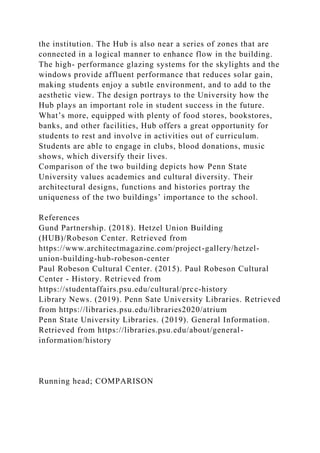 the institution. The Hub is also near a series of zones that are
connected in a logical manner to enhance flow in the building.
The high- performance glazing systems for the skylights and the
windows provide affluent performance that reduces solar gain,
making students enjoy a subtle environment, and to add to the
aesthetic view. The design portrays to the University how the
Hub plays an important role in student success in the future.
What’s more, equipped with plenty of food stores, bookstores,
banks, and other facilities, Hub offers a great opportunity for
students to rest and involve in activities out of curriculum.
Students are able to engage in clubs, blood donations, music
shows, which diversify their lives.
Comparison of the two building depicts how Penn State
University values academics and cultural diversity. Their
architectural designs, functions and histories portray the
uniqueness of the two buildings’ importance to the school.
References
Gund Partnership. (2018). Hetzel Union Building
(HUB)/Robeson Center. Retrieved from
https://www.architectmagazine.com/project-gallery/hetzel-
union-building-hub-robeson-center
Paul Robeson Cultural Center. (2015). Paul Robeson Cultural
Center - History. Retrieved from
https://studentaffairs.psu.edu/cultural/prcc-history
Library News. (2019). Penn Sate University Libraries. Retrieved
from https://libraries.psu.edu/libraries2020/atrium
Penn State University Libraries. (2019). General Information.
Retrieved from https://libraries.psu.edu/about/general-
information/history
Running head; COMPARISON
 