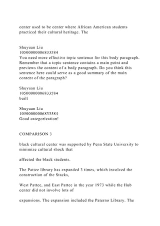 center used to be center where African American students
practiced their cultural heritage. The
Shuyuan Liu
10500000006833584
You need more effective topic sentence for this body paragraph.
Remember that a topic sentence contains a main point and
previews the content of a body paragraph. Do you think this
sentence here could serve as a good summary of the main
content of the paragraph?
Shuyuan Liu
10500000006833584
built
Shuyuan Liu
10500000006833584
Good categorization!
COMPARISON 3
black cultural center was supported by Penn State University to
minimize cultural shock that
affected the black students.
The Pattee library has expanded 3 times, which involved the
construction of the Stacks,
West Pattee, and East Pattee in the year 1973 while the Hub
center did not involve lots of
expansions. The expansion included the Paterno Library. The
 