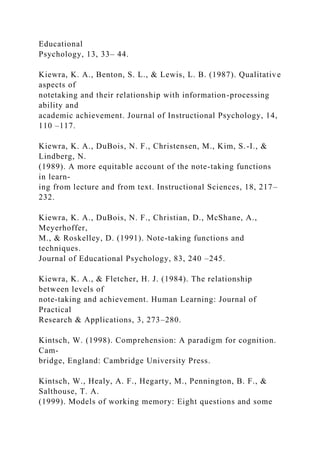 Educational
Psychology, 13, 33– 44.
Kiewra, K. A., Benton, S. L., & Lewis, L. B. (1987). Qualitative
aspects of
notetaking and their relationship with information-processing
ability and
academic achievement. Journal of Instructional Psychology, 14,
110 –117.
Kiewra, K. A., DuBois, N. F., Christensen, M., Kim, S.-I., &
Lindberg, N.
(1989). A more equitable account of the note-taking functions
in learn-
ing from lecture and from text. Instructional Sciences, 18, 217–
232.
Kiewra, K. A., DuBois, N. F., Christian, D., McShane, A.,
Meyerhoffer,
M., & Roskelley, D. (1991). Note-taking functions and
techniques.
Journal of Educational Psychology, 83, 240 –245.
Kiewra, K. A., & Fletcher, H. J. (1984). The relationship
between levels of
note-taking and achievement. Human Learning: Journal of
Practical
Research & Applications, 3, 273–280.
Kintsch, W. (1998). Comprehension: A paradigm for cognition.
Cam-
bridge, England: Cambridge University Press.
Kintsch, W., Healy, A. F., Hegarty, M., Pennington, B. F., &
Salthouse, T. A.
(1999). Models of working memory: Eight questions and some
 