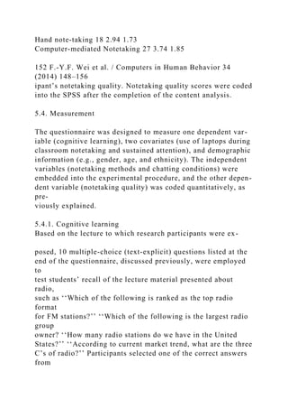 Hand note-taking 18 2.94 1.73
Computer-mediated Notetaking 27 3.74 1.85
152 F.-Y.F. Wei et al. / Computers in Human Behavior 34
(2014) 148–156
ipant’s notetaking quality. Notetaking quality scores were coded
into the SPSS after the completion of the content analysis.
5.4. Measurement
The questionnaire was designed to measure one dependent var-
iable (cognitive learning), two covariates (use of laptops during
classroom notetaking and sustained attention), and demographic
information (e.g., gender, age, and ethnicity). The independent
variables (notetaking methods and chatting conditions) were
embedded into the experimental procedure, and the other depen-
dent variable (notetaking quality) was coded quantitatively, as
pre-
viously explained.
5.4.1. Cognitive learning
Based on the lecture to which research participants were ex-
posed, 10 multiple-choice (text-explicit) questions listed at the
end of the questionnaire, discussed previously, were employed
to
test students’ recall of the lecture material presented about
radio,
such as ‘‘Which of the following is ranked as the top radio
format
for FM stations?’’ ‘‘Which of the following is the largest radio
group
owner? ‘‘How many radio stations do we have in the United
States?’’ ‘‘According to current market trend, what are the three
C’s of radio?’’ Participants selected one of the correct answers
from
 