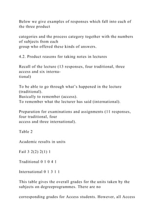 Below we give examples of responses which fall into each of
the three product
categories and the process category together with the numbers
of subjects from each
group who offered these kinds of answers.
4.2. Product reasons for taking notes in lectures
Recall of the lecture (13 responses, four traditional, three
access and six interna-
tional)
To be able to go through what’s happened in the lecture
(traditional).
Basically to remember (access).
To remember what the lecturer has said (international).
Preparation for examinations and assignments (11 responses,
four traditional, four
access and three international).
Table 2
Academic results in units
Fail 3 2(2) 2(1) 1
Traditional 0 1 0 4 1
International 0 1 3 1 1
This table gives the overall grades for the units taken by the
subjects on degreeprogrammes. There are no
corresponding grades for Access students. However, all Access
 
