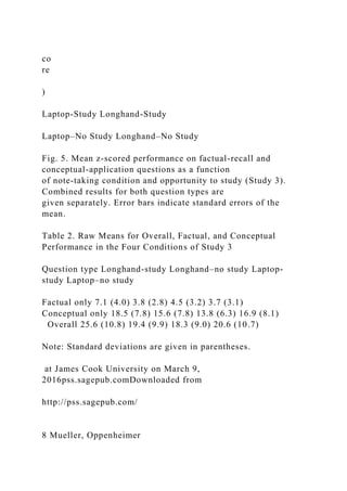 co
re
)
Laptop-Study Longhand-Study
Laptop–No Study Longhand–No Study
Fig. 5. Mean z-scored performance on factual-recall and
conceptual-application questions as a function
of note-taking condition and opportunity to study (Study 3).
Combined results for both question types are
given separately. Error bars indicate standard errors of the
mean.
Table 2. Raw Means for Overall, Factual, and Conceptual
Performance in the Four Conditions of Study 3
Question type Longhand-study Longhand–no study Laptop-
study Laptop–no study
Factual only 7.1 (4.0) 3.8 (2.8) 4.5 (3.2) 3.7 (3.1)
Conceptual only 18.5 (7.8) 15.6 (7.8) 13.8 (6.3) 16.9 (8.1)
Overall 25.6 (10.8) 19.4 (9.9) 18.3 (9.0) 20.6 (10.7)
Note: Standard deviations are given in parentheses.
at James Cook University on March 9,
2016pss.sagepub.comDownloaded from
http://pss.sagepub.com/
8 Mueller, Oppenheimer
 
