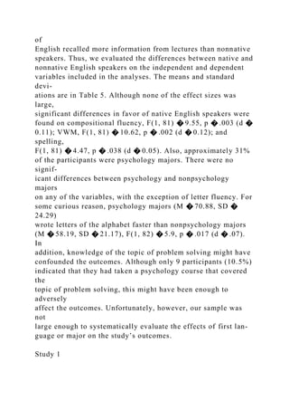 of
English recalled more information from lectures than nonnative
speakers. Thus, we evaluated the differences between native and
nonnative English speakers on the independent and dependent
variables included in the analyses. The means and standard
devi-
ations are in Table 5. Although none of the effect sizes was
large,
significant differences in favor of native English speakers were
found on compositional fluency, F(1, 81) � 9.55, p � .003 (d �
0.11); VWM, F(1, 81) � 10.62, p � .002 (d � 0.12); and
spelling,
F(1, 81) � 4.47, p � .038 (d � 0.05). Also, approximately 31%
of the participants were psychology majors. There were no
signif-
icant differences between psychology and nonpsychology
majors
on any of the variables, with the exception of letter fluency. For
some curious reason, psychology majors (M � 70.88, SD �
24.29)
wrote letters of the alphabet faster than nonpsychology majors
(M � 58.19, SD � 21.17), F(1, 82) � 5.9, p � .017 (d � .07).
In
addition, knowledge of the topic of problem solving might have
confounded the outcomes. Although only 9 participants (10.5%)
indicated that they had taken a psychology course that covered
the
topic of problem solving, this might have been enough to
adversely
affect the outcomes. Unfortunately, however, our sample was
not
large enough to systematically evaluate the effects of first lan-
guage or major on the study’s outcomes.
Study 1
 