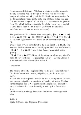 the nonnormed fit index. All three are interpreted in approxi-
mately the same way, although the CFI is less affected by
sample size than the NFI, and the TLI includes a correction for
model complexity (and is the only one of those listed that can
fall outside the range of .00 –1.00). All three should be greater
than .95, which indicates that the fit of the researcher’s model
is 95% better than the null model (in which the observed
variables are assumed to be uncorrelated).
The goodness of fit indexes were very good, �2(5, N � 151) �
1.51, p � .91 (CFI � 1.00, RMSEA � .000, NFI � .993, TLI �
1.11). Path significance was based on critical ratios (CRs). A
CR
greater than 1.96 is considered to be significant at p � .05. The
analysis indicated that notes’ quality predicted test performance
(CR � 7.115, p � .001) and letter fluency predicted notes’
quality
(CR � 2.96, p � .003). None of the other variables was signifi-
cant. The overall model is presented in Figure 3. The CRs and
other statistics are presented in Table 8.
Discussion
The results of Study 1 replicate the findings of the pilot study.
Quality of notes was the only significant predictor of test
perfor-
mance, and transcription fluency, as measured by letter fluency,
was the only significant predictor of quality of notes. Neither
verbal fluency nor VWM contributed a significant amount of
variance above that contributed by transcription fluency (as
mea-
sured by letter fluency). However, there was a ceiling effect
with
Table 6
Study 1: Means and Standard Deviations
 