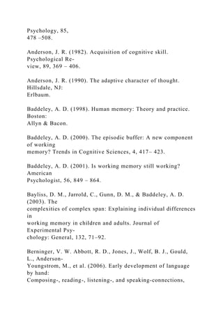 Psychology, 85,
478 –508.
Anderson, J. R. (1982). Acquisition of cognitive skill.
Psychological Re-
view, 89, 369 – 406.
Anderson, J. R. (1990). The adaptive character of thought.
Hillsdale, NJ:
Erlbaum.
Baddeley, A. D. (1998). Human memory: Theory and practice.
Boston:
Allyn & Bacon.
Baddeley, A. D. (2000). The episodic buffer: A new component
of working
memory? Trends in Cognitive Sciences, 4, 417– 423.
Baddeley, A. D. (2001). Is working memory still working?
American
Psychologist, 56, 849 – 864.
Bayliss, D. M., Jarrold, C., Gunn, D. M., & Baddeley, A. D.
(2003). The
complexities of complex span: Explaining individual differences
in
working memory in children and adults. Journal of
Experimental Psy-
chology: General, 132, 71–92.
Berninger, V. W. Abbott, R. D., Jones, J., Wolf, B. J., Gould,
L., Anderson-
Youngstrom, M., et al. (2006). Early development of language
by hand:
Composing-, reading-, listening-, and speaking-connections,
 