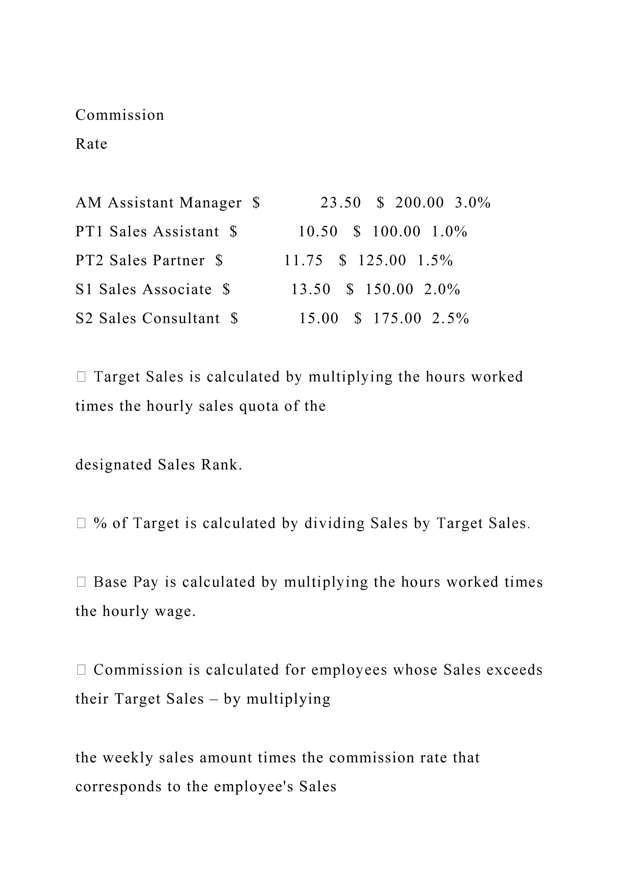 Commission
Rate
AM Assistant Manager $ 23.50 $ 200.00 3.0%
PT1 Sales Assistant $ 10.50 $ 100.00 1.0%
PT2 Sales Partner $ 11.75 $ 125.00 1.5%
S1 Sales Associate $ 13.50 $ 150.00 2.0%
S2 Sales Consultant $ 15.00 $ 175.00 2.5%
times the hourly sales quota of the
designated Sales Rank.
s
the hourly wage.
their Target Sales – by multiplying
the weekly sales amount times the commission rate that
corresponds to the employee's Sales
 