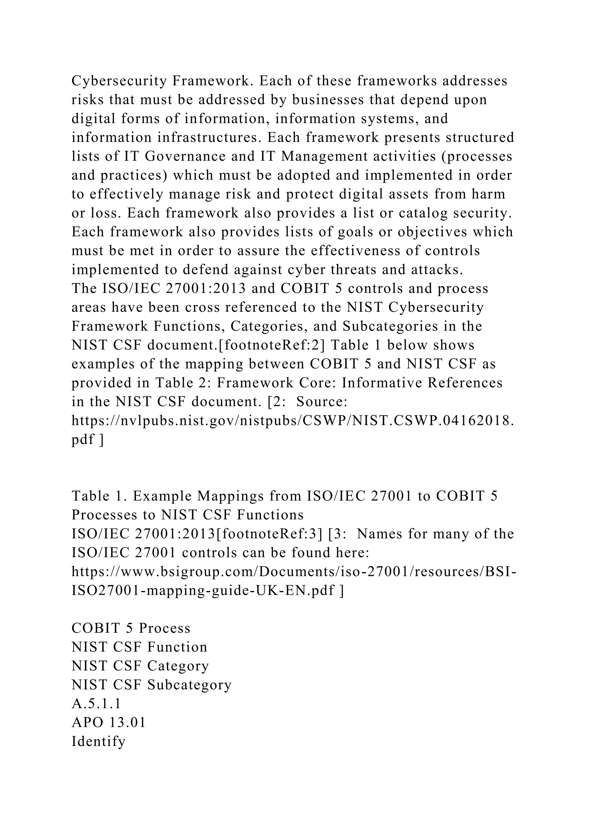 Cybersecurity Framework. Each of these frameworks addresses
risks that must be addressed by businesses that depend upon
digital forms of information, information systems, and
information infrastructures. Each framework presents structured
lists of IT Governance and IT Management activities (processes
and practices) which must be adopted and implemented in order
to effectively manage risk and protect digital assets from harm
or loss. Each framework also provides a list or catalog security.
Each framework also provides lists of goals or objectives which
must be met in order to assure the effectiveness of controls
implemented to defend against cyber threats and attacks.
The ISO/IEC 27001:2013 and COBIT 5 controls and process
areas have been cross referenced to the NIST Cybersecurity
Framework Functions, Categories, and Subcategories in the
NIST CSF document.[footnoteRef:2] Table 1 below shows
examples of the mapping between COBIT 5 and NIST CSF as
provided in Table 2: Framework Core: Informative References
in the NIST CSF document. [2: Source:
https://nvlpubs.nist.gov/nistpubs/CSWP/NIST.CSWP.04162018.
pdf ]
Table 1. Example Mappings from ISO/IEC 27001 to COBIT 5
Processes to NIST CSF Functions
ISO/IEC 27001:2013[footnoteRef:3] [3: Names for many of the
ISO/IEC 27001 controls can be found here:
https://www.bsigroup.com/Documents/iso-27001/resources/BSI-
ISO27001-mapping-guide-UK-EN.pdf ]
COBIT 5 Process
NIST CSF Function
NIST CSF Category
NIST CSF Subcategory
A.5.1.1
APO 13.01
Identify
 
