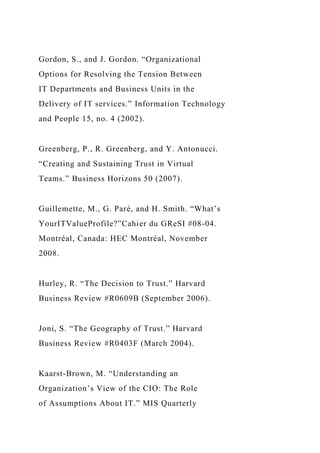 Gordon, S., and J. Gordon. “Organizational
Options for Resolving the Tension Between
IT Departments and Business Units in the
Delivery of IT services.” Information Technology
and People 15, no. 4 (2002).
Greenberg, P., R. Greenberg, and Y. Antonucci.
“Creating and Sustaining Trust in Virtual
Teams.” Business Horizons 50 (2007).
Guillemette, M., G. Paré, and H. Smith. “What’s
YourITValueProfile?”Cahier du GReSI #08-04.
Montréal, Canada: HEC Montréal, November
2008.
Hurley, R. “The Decision to Trust.” Harvard
Business Review #R0609B (September 2006).
Joni, S. “The Geography of Trust.” Harvard
Business Review #R0403F (March 2004).
Kaarst-Brown, M. “Understanding an
Organization’s View of the CIO: The Role
of Assumptions About IT.” MIS Quarterly
 