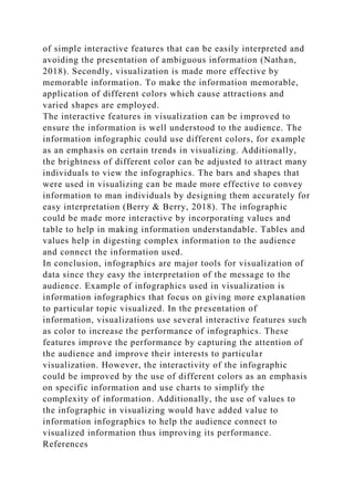 of simple interactive features that can be easily interpreted and
avoiding the presentation of ambiguous information (Nathan,
2018). Secondly, visualization is made more effective by
memorable information. To make the information memorable,
application of different colors which cause attractions and
varied shapes are employed.
The interactive features in visualization can be improved to
ensure the information is well understood to the audience. The
information infographic could use different colors, for example
as an emphasis on certain trends in visualizing. Additionally,
the brightness of different color can be adjusted to attract many
individuals to view the infographics. The bars and shapes that
were used in visualizing can be made more effective to convey
information to man individuals by designing them accurately for
easy interpretation (Berry & Berry, 2018). The infographic
could be made more interactive by incorporating values and
table to help in making information understandable. Tables and
values help in digesting complex information to the audience
and connect the information used.
In conclusion, infographics are major tools for visualization of
data since they easy the interpretation of the message to the
audience. Example of infographics used in visualization is
information infographics that focus on giving more explanation
to particular topic visualized. In the presentation of
information, visualizations use several interactive features such
as color to increase the performance of infographics. These
features improve the performance by capturing the attention of
the audience and improve their interests to particular
visualization. However, the interactivity of the infographic
could be improved by the use of different colors as an emphasis
on specific information and use charts to simplify the
complexity of information. Additionally, the use of values to
the infographic in visualizing would have added value to
information infographics to help the audience connect to
visualized information thus improving its performance.
References
 