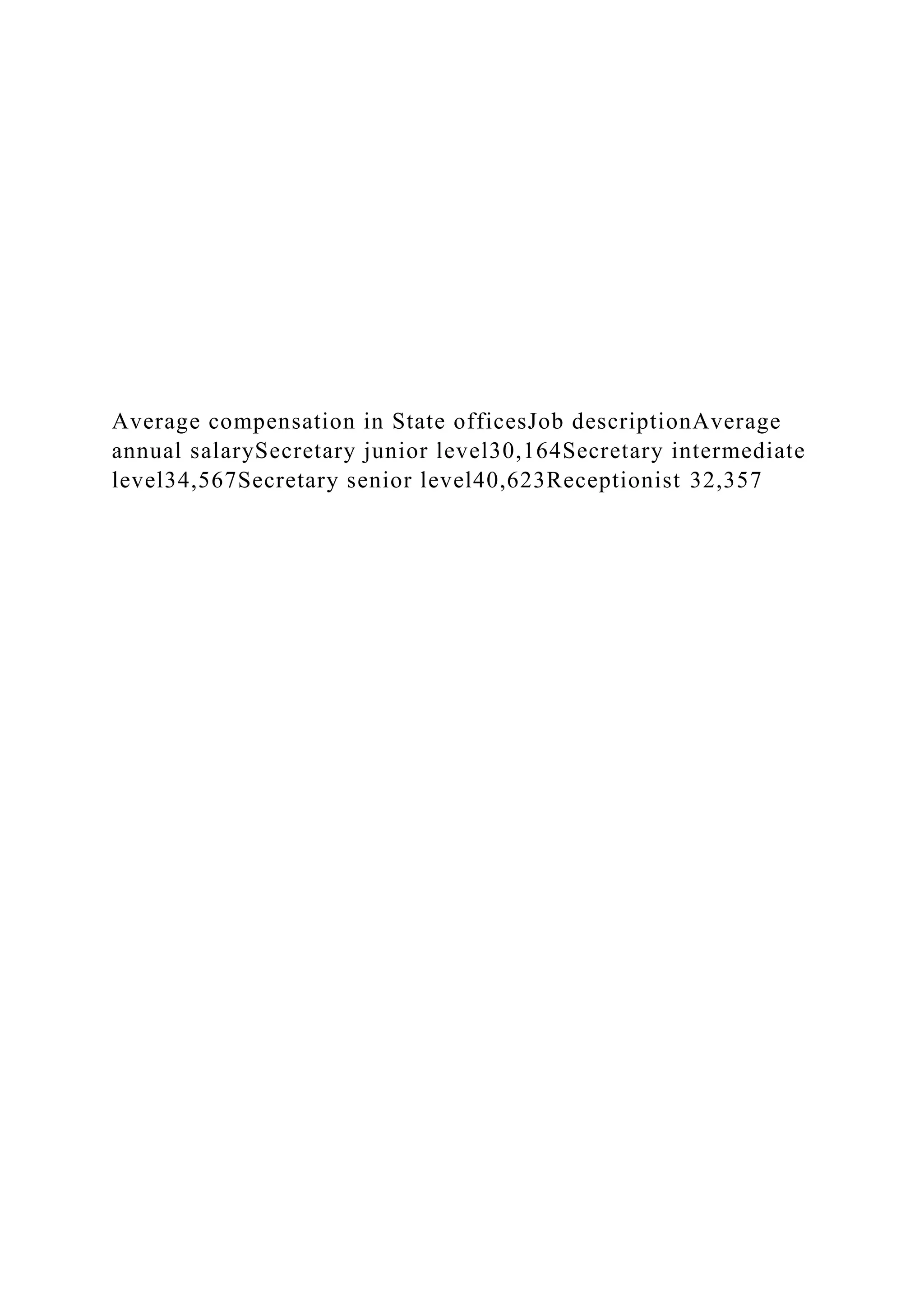 Average compensation in State officesJob descriptionAverage
annual salarySecretary junior level30,164Secretary intermediate
level34,567Secretary senior level40,623Receptionist 32,357
 
