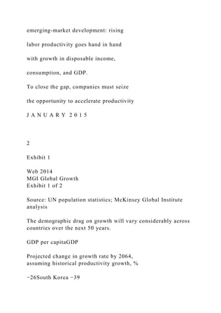 emerging-market development: rising
labor productivity goes hand in hand
with growth in disposable income,
consumption, and GDP.
To close the gap, companies must seize
the opportunity to accelerate productivity
J A N U A R Y 2 0 1 5
2
Exhibit 1
Web 2014
MGI Global Growth
Exhibit 1 of 2
Source: UN population statistics; McKinsey Global Institute
analysis
The demographic drag on growth will vary considerably across
countries over the next 50 years.
GDP per capitaGDP
Projected change in growth rate by 2064,
assuming historical productivity growth, %
−26South Korea −39
 