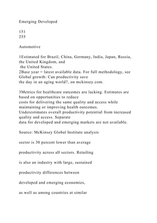 Emerging Developed
151
255
Automotive
1Estimated for Brazil, China, Germany, India, Japan, Russia,
the United Kingdom, and
the United States.
2Base year = latest available data. For full methodology, see
Global growth: Can productivity save
the day in an aging world?, on mckinsey.com.
3Metrics for healthcare outcomes are lacking. Estimates are
based on opportunities to reduce
costs for delivering the same quality and access while
maintaining or improving health outcomes.
Underestimates overall productivity potential from increased
quality and access. Separate
data for developed and emerging markets are not available.
Source: McKinsey Global Institute analysis
sector is 30 percent lower than average
productivity across all sectors. Retailing
is also an industry with large, sustained
productivity differences between
developed and emerging economies,
as well as among countries at similar
 