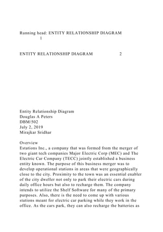 Running head: ENTITY RELATIONSHIP DIAGRAM
1
ENTITY RELATIONSHIP DIAGRAM 2
Entity Relationship Diagram
Douglas A Peters
DBM/502
July 2, 2019
Mirajkar Sridhar
Overview
Estations Inc., a company that was formed from the merger of
two giant tech companies Major Electric Corp (MEC) and The
Electric Car Company (TECC) jointly established a business
entity known. The purpose of this business merger was to
develop operational stations in areas that were geographically
close to the city. Proximity to the town was an essential enabler
of the city dweller not only to park their electric cars during
daily office hours but also to recharge them. The company
intends to utilize the Shelf Software for many of the primary
purposes. Also, there is the need to come up with various
stations meant for electric car parking while they work in the
office. As the cars park, they can also recharge the batteries as
 
