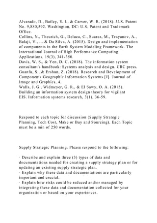 Alvarado, D., Bailey, E. I., & Carver, W. R. (2018). U.S. Patent
No. 9,880,592. Washington, DC: U.S. Patent and Trademark
Office.
Collins, N., Theurich, G., Deluca, C., Suarez, M., Trayanov, A.,
Balaji, V., ... & Da Silva, A. (2015). Design and implementation
of components in the Earth System Modeling Framework. The
International Journal of High Performance Computing
Applications, 19(3), 341-350.
Davis, W. S., & Yen, D. C. (2018). The information system
consultant's handbook: Systems analysis and design. CRC press.
Guanfu, S., & Ershun, Z. (2018). Research and Development of
Components Geographic Information Systems [J]. Journal of
Image and Graphics, 4.
Walls, J. G., Widmeyer, G. R., & El Sawy, O. A. (2015).
Building an information system design theory for vigilant
EIS. Information systems research, 3(1), 36-59.
Respond to each topic for discussion (Supply Strategic
Planning, Tech Cost, Make or Buy and Sourcing). Each Topic
must be a min of 250 words.
Supply Strategic Planning. Please respond to the following:
· Describe and explain three (3) types of data and
documentations needed for creating a supply strategy plan or for
updating an existing supply strategic plan.
· Explain why these data and documentations are particularly
important and crucial.
· Explain how risks could be reduced and/or managed by
integrating these data and documentation collected for your
organization or based on your experiences.
 