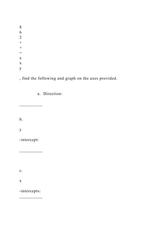 8
6
2
+
+
=
x
x
y
, find the following and graph on the axes provided.
a. Direction:
__________
b.
y
-intercept:
__________
c.
x
-intercepts:
__________
 