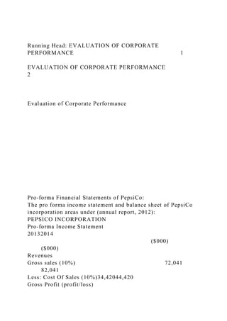 Running Head: EVALUATION OF CORPORATE
PERFORMANCE 1
EVALUATION OF CORPORATE PERFORMANCE
2
Evaluation of Corporate Performance
Pro-forma Financial Statements of PepsiCo:
The pro forma income statement and balance sheet of PepsiCo
incorporation areas under (annual report, 2012):
PEPSICO INCORPORATION
Pro-forma Income Statement
20132014
($000)
($000)
Revenues
Gross sales (10%) 72,041
82,041
Less: Cost Of Sales (10%)34,42044,420
Gross Profit (profit/loss)
 