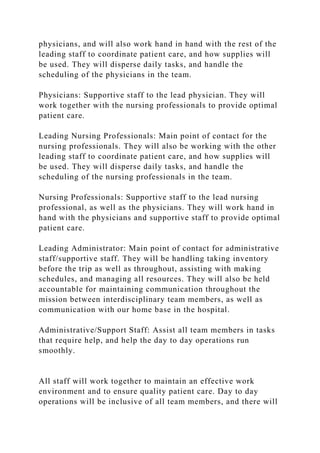 physicians, and will also work hand in hand with the rest of the
leading staff to coordinate patient care, and how supplies will
be used. They will disperse daily tasks, and handle the
scheduling of the physicians in the team.
Physicians: Supportive staff to the lead physician. They will
work together with the nursing professionals to provide optimal
patient care.
Leading Nursing Professionals: Main point of contact for the
nursing professionals. They will also be working with the other
leading staff to coordinate patient care, and how supplies will
be used. They will disperse daily tasks, and handle the
scheduling of the nursing professionals in the team.
Nursing Professionals: Supportive staff to the lead nursing
professional, as well as the physicians. They will work hand in
hand with the physicians and supportive staff to provide optimal
patient care.
Leading Administrator: Main point of contact for administrative
staff/supportive staff. They will be handling taking inventory
before the trip as well as throughout, assisting with making
schedules, and managing all resources. They will also be held
accountable for maintaining communication throughout the
mission between interdisciplinary team members, as well as
communication with our home base in the hospital.
Administrative/Support Staff: Assist all team members in tasks
that require help, and help the day to day operations run
smoothly.
All staff will work together to maintain an effective work
environment and to ensure quality patient care. Day to day
operations will be inclusive of all team members, and there will
 