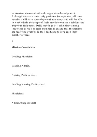 be constant communication throughout each assignment.
Although there are leadership positions incorporated, all team
members will have some degree of autonomy, and will be able
to work within the scope of their practice to make decisions and
empower each other. Daily meetings will take place among
leadership as well as team members to ensure that the patients
are receiving everything they need, and to give each team
member a voice.
6
Mission Coordinator
Leading Physician
Leading Admin.
Nursing Professionals
Leading Nursing Professional
Physicians
Admin./Support Staff
 