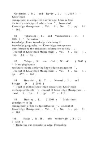 Goldsmith , M . and Davey , J . ( 2005 ) ‘
Knowledge
management as competitive advantage: Lessons from
the textile and apparel value chain ’ , Journal of
Knowledge Management , Vol. 9 , No. 2 , pp. 91
– 102 .
81 Takahashi , T . and Vandenbrink , D . (
2004 ) ‘ Formative
knowledge: From knowledge dichotomy to
knowledge geography — Knowledge management
transformed by the ubiquitous information society ’ ,
Journal of Knowledge Management , Vol. 8 , No. 1 ,
pp. 64 – 76 .
82 Yahya , S . and Goh , W . -K . ( 2002 )
‘ Managing human
resources toward achieving knowledge management ’ ,
Journal of Knowledge Management , Vol. 6 , No. 5 ,
pp. 457 – 468 .
83 Herschel , R . T . , Nemati , H . and
Steiger , D . ( 2001 )
‘ Tacit to explicit knowledge conversion: Knowledge
exchange protocols ’ , Journal of Knowledge Management ,
Vol. 5 , No. 1 , pp. 107 – 116 .
84 Beesley , L . ( 2004 ) ‘ Multi-level
complexity in the
management of knowledge networks ’ , Journal of
Knowledge Management , Vol. 8 , No. 3 , pp. 71
– 100 .
85 Hayes , R . H . and Weelwright , S . C .
( 1984 )
‘ Restoring our competitive edge: Competing
 