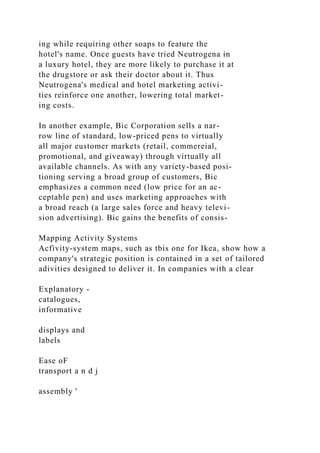 ing while requiring other soaps to feature the
hotel's name. Once guests have tried Neutrogena in
a luxury hotel, they are more likely to purchase it at
the drugstore or ask their doctor about it. Thus
Neutrogena's medical and hotel marketing activi-
ties reinforce one another, lowering total market-
ing costs.
In another example, Bic Corporation sells a nar-
row line of standard, low-priced pens to virtually
all major eustomer markets (retail, commereial,
promotional, and giveaway) through virtually all
available channels. As with any variety-based posi-
tioning serving a broad group of customers, Bic
emphasizes a common need (low price for an ac-
ceptable pen) and uses marketing approaches with
a broad reach (a large sales force and heavy televi-
sion advertising). Bic gains the benefits of consis-
Mapping Activity Systems
Acfivity-system maps, such as tbis one for Ikea, show how a
company's strategic position is contained in a set of tailored
adivities designed to deliver it. In companies with a clear
Explanatory -
catalogues,
informative
displays and
labels
Ease oF
transport a n d j
assembly '
 