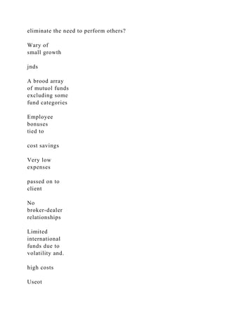 eliminate the need to perform others?
Wary of
small growth
jnds
A brood array
of mutuol funds
excluding some
fund categories
Employee
bonuses
tied to
cost savings
Very low
expenses
passed on to
client
No
broker-dealer
relationships
Limited
international
funds due to
volatility and.
high costs
Useot
 