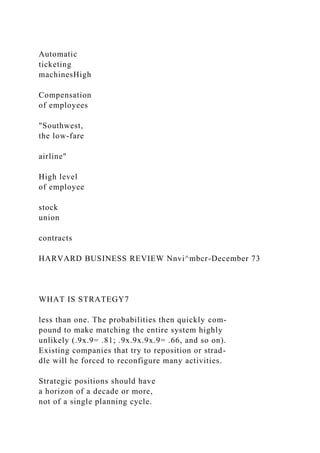 Automatic
ticketing
machinesHigh
Compensation
of employees
"Southwest,
the low-fare
airline"
High level
of employee
stock
union
contracts
HARVARD BUSINESS REVIEW Nnvi^mbcr-December 73
WHAT IS STRATEGY7
less than one. The probabilities then quickly com-
pound to make matching the entire system highly
unlikely (.9x.9= .81; .9x.9x.9x.9= .66, and so on).
Existing companies that try to reposition or strad-
dle will he forced to reconfigure many activities.
Strategic positions should have
a horizon of a decade or more,
not of a single planning cycle.
 