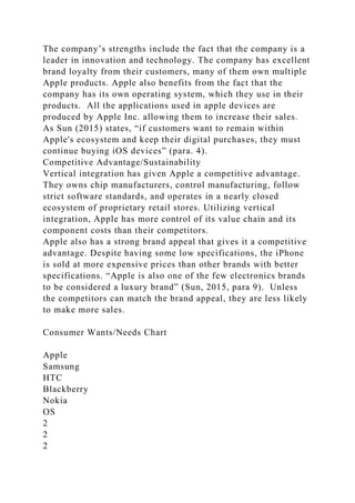 The company’s strengths include the fact that the company is a
leader in innovation and technology. The company has excellent
brand loyalty from their customers, many of them own multiple
Apple products. Apple also benefits from the fact that the
company has its own operating system, which they use in their
products. All the applications used in apple devices are
produced by Apple Inc. allowing them to increase their sales.
As Sun (2015) states, “if customers want to remain within
Apple's ecosystem and keep their digital purchases, they must
continue buying iOS devices” (para. 4).
Competitive Advantage/Sustainability
Vertical integration has given Apple a competitive advantage.
They owns chip manufacturers, control manufacturing, follow
strict software standards, and operates in a nearly closed
ecosystem of proprietary retail stores. Utilizing vertical
integration, Apple has more control of its value chain and its
component costs than their competitors.
Apple also has a strong brand appeal that gives it a competitive
advantage. Despite having some low specifications, the iPhone
is sold at more expensive prices than other brands with better
specifications. “Apple is also one of the few electronics brands
to be considered a luxury brand” (Sun, 2015, para 9). Unless
the competitors can match the brand appeal, they are less likely
to make more sales.
Consumer Wants/Needs Chart
Apple
Samsung
HTC
Blackberry
Nokia
OS
2
2
2
 