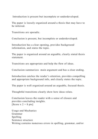 Introduction is present but incomplete or underdeveloped.
The paper is loosely organized around a thesis that may have to
be inferred.
Transitions are sporadic.
Conclusion is present, but incomplete or underdeveloped.
Introduction has a clear opening, provides background
information, and states the topic.
The paper is organized around an arguable, clearly stated thesis
statement.
Transitions are appropriate and help the flow of ideas.
Conclusion summarizes main argument and has a clear ending.
Introduction catches the reader’s attention, provides compelling
and appropriate background info, and clearly states the topic.
The paper is well organized around an arguable, focused thesis.
Thoughtful transitions clearly show how ideas relate.
Conclusion leaves the reader with a sense of closure and
provides concluding insights.
[Score x 2 = 8 pts]
Usage and Mechanics
Grammar
Spelling
Sentence structure
Writing contains numerous errors in spelling, grammar, and/or
 