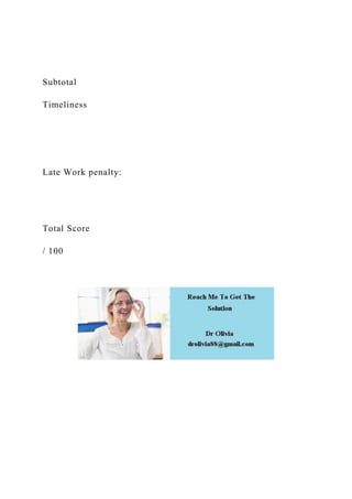 Subtotal
Timeliness
Late Work penalty:
Total Score
/ 100
 