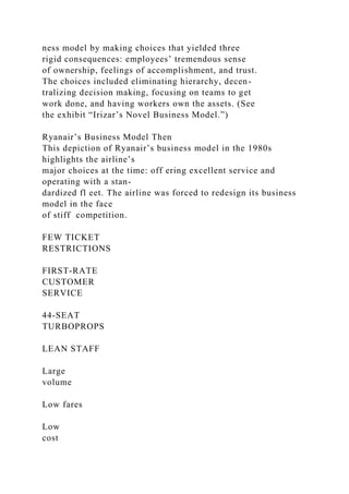 ness model by making choices that yielded three
rigid consequences: employees’ tremendous sense
of ownership, feelings of accomplishment, and trust.
The choices included eliminating hierarchy, decen-
tralizing decision making, focusing on teams to get
work done, and having workers own the assets. (See
the exhibit “Irizar’s Novel Business Model.”)
Ryanair’s Business Model Then
This depiction of Ryanair’s business model in the 1980s
highlights the airline’s
major choices at the time: off ering excellent service and
operating with a stan-
dardized fl eet. The airline was forced to redesign its business
model in the face
of stiff competition.
FEW TICKET
RESTRICTIONS
FIRST-RATE
CUSTOMER
SERVICE
44-SEAT
TURBOPROPS
LEAN STAFF
Large
volume
Low fares
Low
cost
 