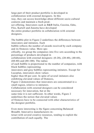 large part of their product portfolio is developed in
collaboration with external designers. In this
way, they can access knowledge about different socio-cultural
contexts and maintain a fresh prod-
uct offering. Innovators such as B&B Italia, Cassina, Edra,
Flos, Kartell and Zanotta have developed
the entire product portfolio in collaboration with external
designers.
The bubble plot in Figure 2 underlines the differences between
innovators and imitators. Each
bubble reflects the number of awards received by each company
and its Osmosis value. More spe-
cifically, we group the companies into five sets according to the
percentage of products developed in
collaboration with external designers: (0-20), (20-40), (40-60),
(60-80) and (80-100). The radius
of each bubble is proportional to the number of companies, with
black bubbles representing
innovators and grey bubbles representing imitators. Except for
Luceplan, innovators show values
higher than 60 per cent. In spite of several imitators also
exhibiting elevated values of Osmosis,
Figure 2 demonstrates that innovators are concentrated in a
small region, relative to imitators.
Collaboration with external designers can be considered
necessary for innovation, but at the
same time it is not sufficient. In other words, Figure 2
underlines the notion that elevated values
of Osmosis have to be connected with other characteristics of
the designer portfolio.
Even more interesting is the figure concerning Balanced
Breadth. Innovative manufacturers in-
teract with several creative resources, tending to exploit the
contribution of each equally. The
 