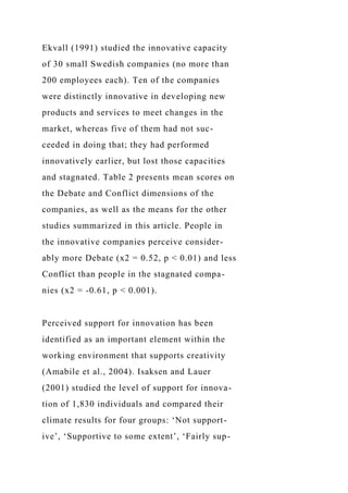 Ekvall (1991) studied the innovative capacity
of 30 small Swedish companies (no more than
200 employees each). Ten of the companies
were distinctly innovative in developing new
products and services to meet changes in the
market, whereas five of them had not suc-
ceeded in doing that; they had performed
innovatively earlier, but lost those capacities
and stagnated. Table 2 presents mean scores on
the Debate and Conflict dimensions of the
companies, as well as the means for the other
studies summarized in this article. People in
the innovative companies perceive consider-
ably more Debate (x2 = 0.52, p < 0.01) and less
Conflict than people in the stagnated compa-
nies (x2 = -0.61, p < 0.001).
Perceived support for innovation has been
identified as an important element within the
working environment that supports creativity
(Amabile et al., 2004). Isaksen and Lauer
(2001) studied the level of support for innova-
tion of 1,830 individuals and compared their
climate results for four groups: ‘Not support-
ive’, ‘Supportive to some extent’, ‘Fairly sup-
 