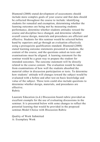 Diamond (2008) stated development of assessments should
include more complex goals of your course and that data should
be collected throughout the course to include: identifying
students for remedial and exemption, determining whether the
learning outcomes are being met by measuring students
performance, determine whether students attitudes toward the
course and discipline have changed, and determine whether
overall course design, materials and procedures are efficient and
effective. Students for this seminar would be selected before
hand by superiors and go through an evaluation effectively
using a prerequisite qualification standard. Diamond (2008)
stated learning outcome statements presented to students, the
content of the course, and the questions asked on tests and
examinations must be aligned. A learning statement for the
seminar would be a great way to prepare the student for
intended outcomes. The outcome statement will be directly
related to the course content. The evaluation would be taken
from examinations of how well the students absorbed the
material either in discussion participation or tests. To determine
how students’ attitude will changes toward the subject would be
evaluated with a before and after test on basic knowledge and
value of the subject. These tests could also include questions to
determine whether design, materials, and procedures are
effective.
Rubric
Laureate Education (n.d.) Discussion board rubric provided an
excellent example for the use of evaluating discussions in the
seminar. It is presented below with some changes to reflect the
potential learning that would be provided in the proposed
seminar.Model Choice with Discussion Rubric
Quality of Work Submitted
A: Exemplary Work
 