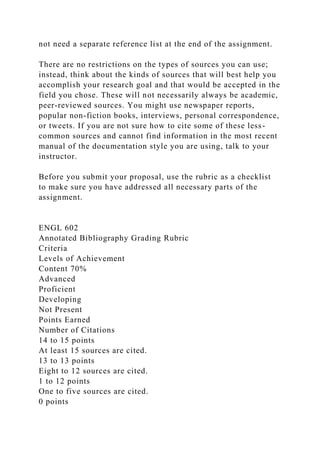 not need a separate reference list at the end of the assignment.
There are no restrictions on the types of sources you can use;
instead, think about the kinds of sources that will best help you
accomplish your research goal and that would be accepted in the
field you chose. These will not necessarily always be academic,
peer-reviewed sources. You might use newspaper reports,
popular non-fiction books, interviews, personal correspondence,
or tweets. If you are not sure how to cite some of these less-
common sources and cannot find information in the most recent
manual of the documentation style you are using, talk to your
instructor.
Before you submit your proposal, use the rubric as a checklist
to make sure you have addressed all necessary parts of the
assignment.
ENGL 602
Annotated Bibliography Grading Rubric
Criteria
Levels of Achievement
Content 70%
Advanced
Proficient
Developing
Not Present
Points Earned
Number of Citations
14 to 15 points
At least 15 sources are cited.
13 to 13 points
Eight to 12 sources are cited.
1 to 12 points
One to five sources are cited.
0 points
 