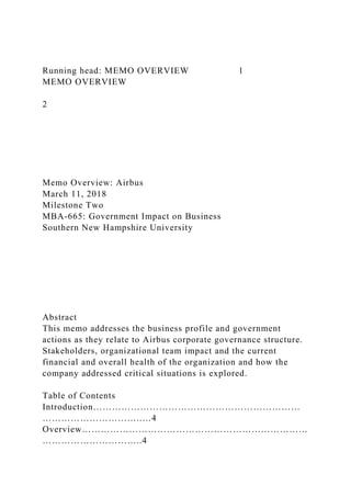Running head: MEMO OVERVIEW 1
MEMO OVERVIEW
2
Memo Overview: Airbus
March 11, 2018
Milestone Two
MBA-665: Government Impact on Business
Southern New Hampshire University
Abstract
This memo addresses the business profile and government
actions as they relate to Airbus corporate governance structure.
Stakeholders, organizational team impact and the current
financial and overall health of the organization and how the
company addressed critical situations is explored.
Table of Contents
Introduction…………………………………………………………
…………………………..…4
Overview………………………………………………………………
…………………………..4
 