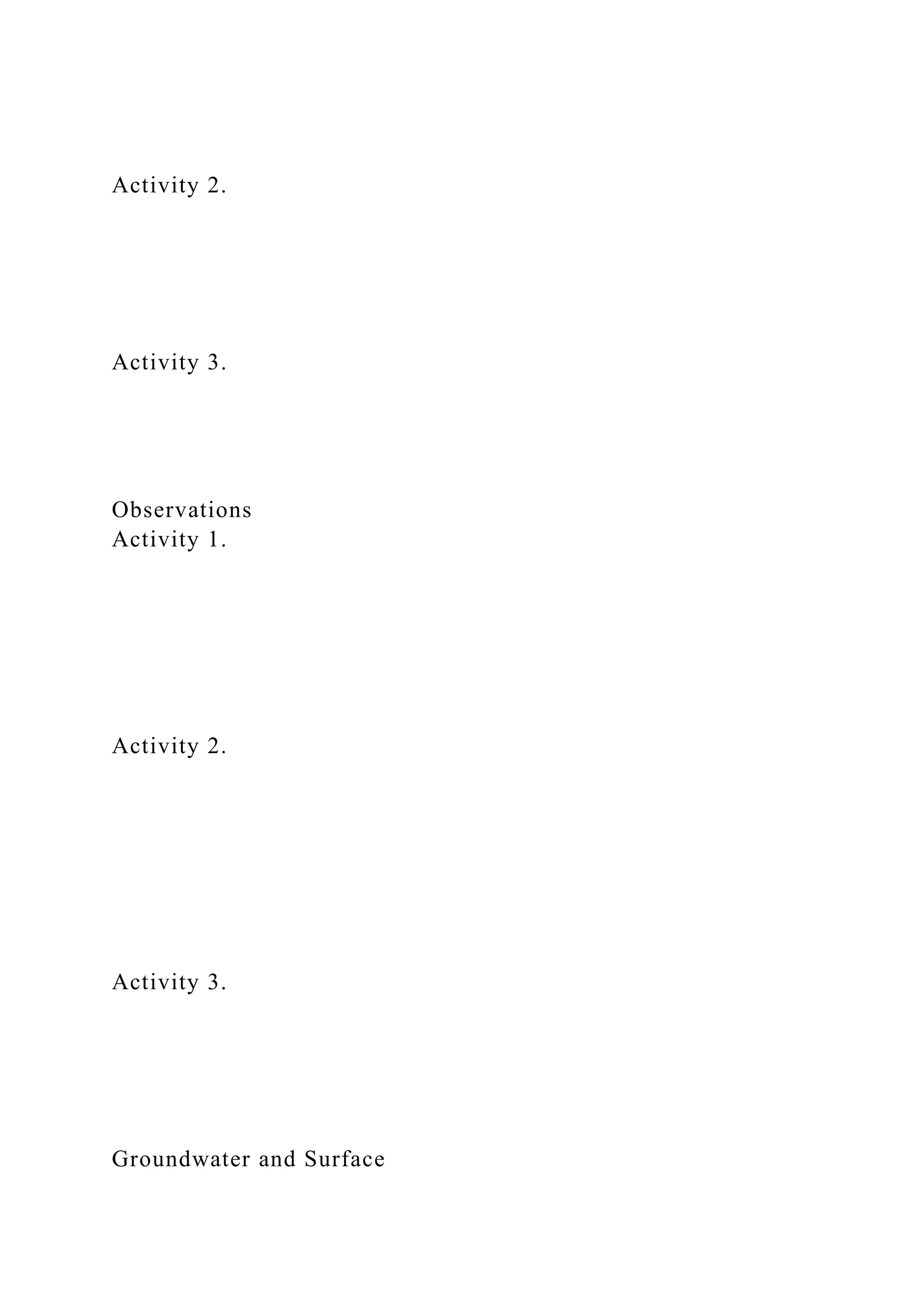 Activity 2.
Activity 3.
Observations
Activity 1.
Activity 2.
Activity 3.
Groundwater and Surface
 