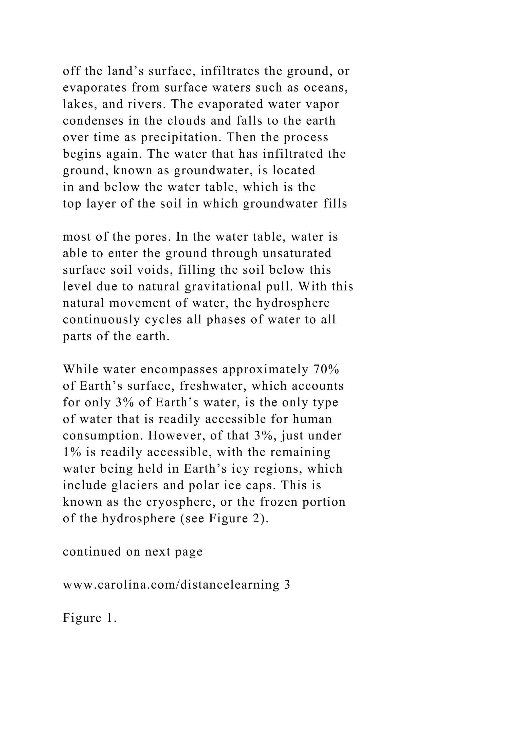 off the land’s surface, infiltrates the ground, or
evaporates from surface waters such as oceans,
lakes, and rivers. The evaporated water vapor
condenses in the clouds and falls to the earth
over time as precipitation. Then the process
begins again. The water that has infiltrated the
ground, known as groundwater, is located
in and below the water table, which is the
top layer of the soil in which groundwater fills
most of the pores. In the water table, water is
able to enter the ground through unsaturated
surface soil voids, filling the soil below this
level due to natural gravitational pull. With this
natural movement of water, the hydrosphere
continuously cycles all phases of water to all
parts of the earth.
While water encompasses approximately 70%
of Earth’s surface, freshwater, which accounts
for only 3% of Earth’s water, is the only type
of water that is readily accessible for human
consumption. However, of that 3%, just under
1% is readily accessible, with the remaining
water being held in Earth’s icy regions, which
include glaciers and polar ice caps. This is
known as the cryosphere, or the frozen portion
of the hydrosphere (see Figure 2).
continued on next page
www.carolina.com/distancelearning 3
Figure 1.
 