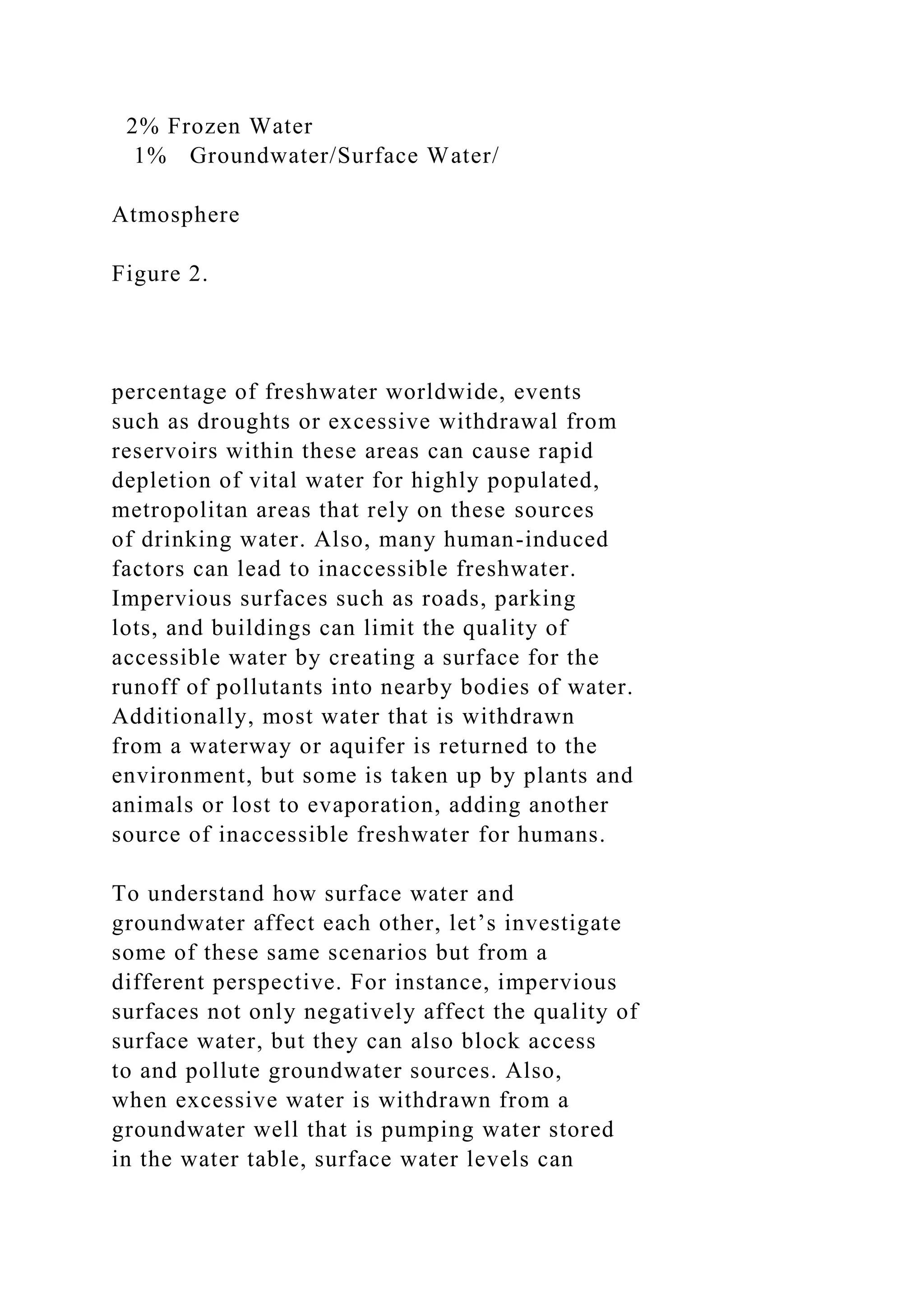 2% Frozen Water
1% Groundwater/Surface Water/
Atmosphere
Figure 2.
percentage of freshwater worldwide, events
such as droughts or excessive withdrawal from
reservoirs within these areas can cause rapid
depletion of vital water for highly populated,
metropolitan areas that rely on these sources
of drinking water. Also, many human-induced
factors can lead to inaccessible freshwater.
Impervious surfaces such as roads, parking
lots, and buildings can limit the quality of
accessible water by creating a surface for the
runoff of pollutants into nearby bodies of water.
Additionally, most water that is withdrawn
from a waterway or aquifer is returned to the
environment, but some is taken up by plants and
animals or lost to evaporation, adding another
source of inaccessible freshwater for humans.
To understand how surface water and
groundwater affect each other, let’s investigate
some of these same scenarios but from a
different perspective. For instance, impervious
surfaces not only negatively affect the quality of
surface water, but they can also block access
to and pollute groundwater sources. Also,
when excessive water is withdrawn from a
groundwater well that is pumping water stored
in the water table, surface water levels can
 