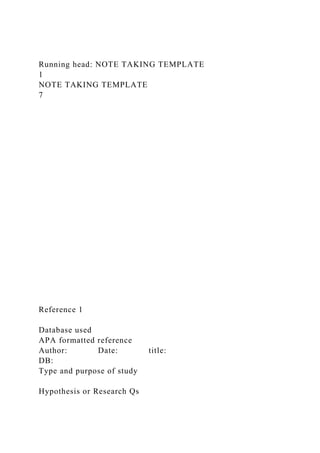 Running head: NOTE TAKING TEMPLATE
1
NOTE TAKING TEMPLATE
7
Reference 1
Database used
APA formatted reference
Author: Date: title:
DB:
Type and purpose of study
Hypothesis or Research Qs
 