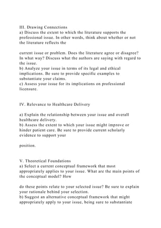 III. Drawing Connections
a) Discuss the extent to which the literature supports the
professional issue. In other words, think about whether or not
the literature reflects the
current issue or problem. Does the literature agree or disagree?
In what way? Discuss what the authors are saying with regard to
the issue.
b) Analyze your issue in terms of its legal and ethical
implications. Be sure to provide specific examples to
substantiate your claims.
c) Assess your issue for its implications on professional
licensure.
IV. Relevance to Healthcare Delivery
a) Explain the relationship between your issue and overall
healthcare delivery.
b) Assess the extent to which your issue might improve or
hinder patient care. Be sure to provide current scholarly
evidence to support your
position.
V. Theoretical Foundations
a) Select a current conceptual framework that most
appropriately applies to your issue. What are the main points of
the conceptual model? How
do these points relate to your selected issue? Be sure to explain
your rationale behind your selection.
b) Suggest an alternative conceptual framework that might
appropriately apply to your issue, being sure to substantiate
 