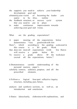 the supports you need to achieve your leadership
development goal and
ultimately your vision of becoming the leader you
aspire to be. Also, outline
the feedback structure, or success cycle system
that you need to put in place
to make continuous improvements towards
achieving your goal and vision.
What are the grading expectations?
A paper meeting all the expectations below
demonstrates “very good work with few
flaws”, which according to the grading scaleused in
this course is a B+ grade. Work
that does not meet all expectations (with few flaws)
will receive a grade below B+.
To receive a grade above B+ the work must
exceed all the expectations below.*
ü Demonstratesa careful understanding of the
personal mastery paper’s
scholarly context, audience, purpose, and all the
prescribed elements.
ü Follows a logical four-part reflective inquiry
structure, including past, future,
analysis and synthesis sections, as well as, an
introduction and conclusion.
ü States ideasclearly, elaborates with explanations, and
 