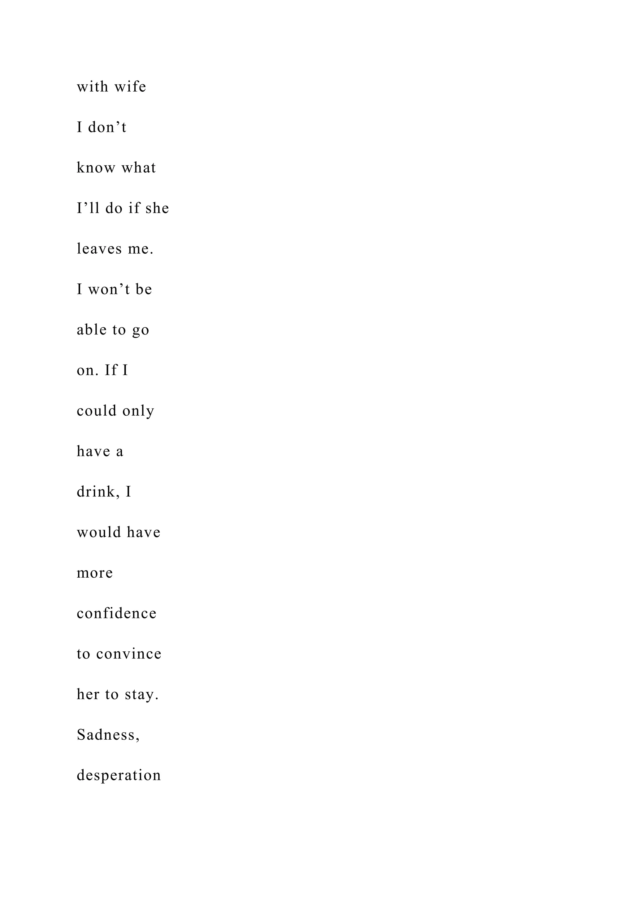 with wife
I don’t
know what
I’ll do if she
leaves me.
I won’t be
able to go
on. If I
could only
have a
drink, I
would have
more
confidence
to convince
her to stay.
Sadness,
desperation
 