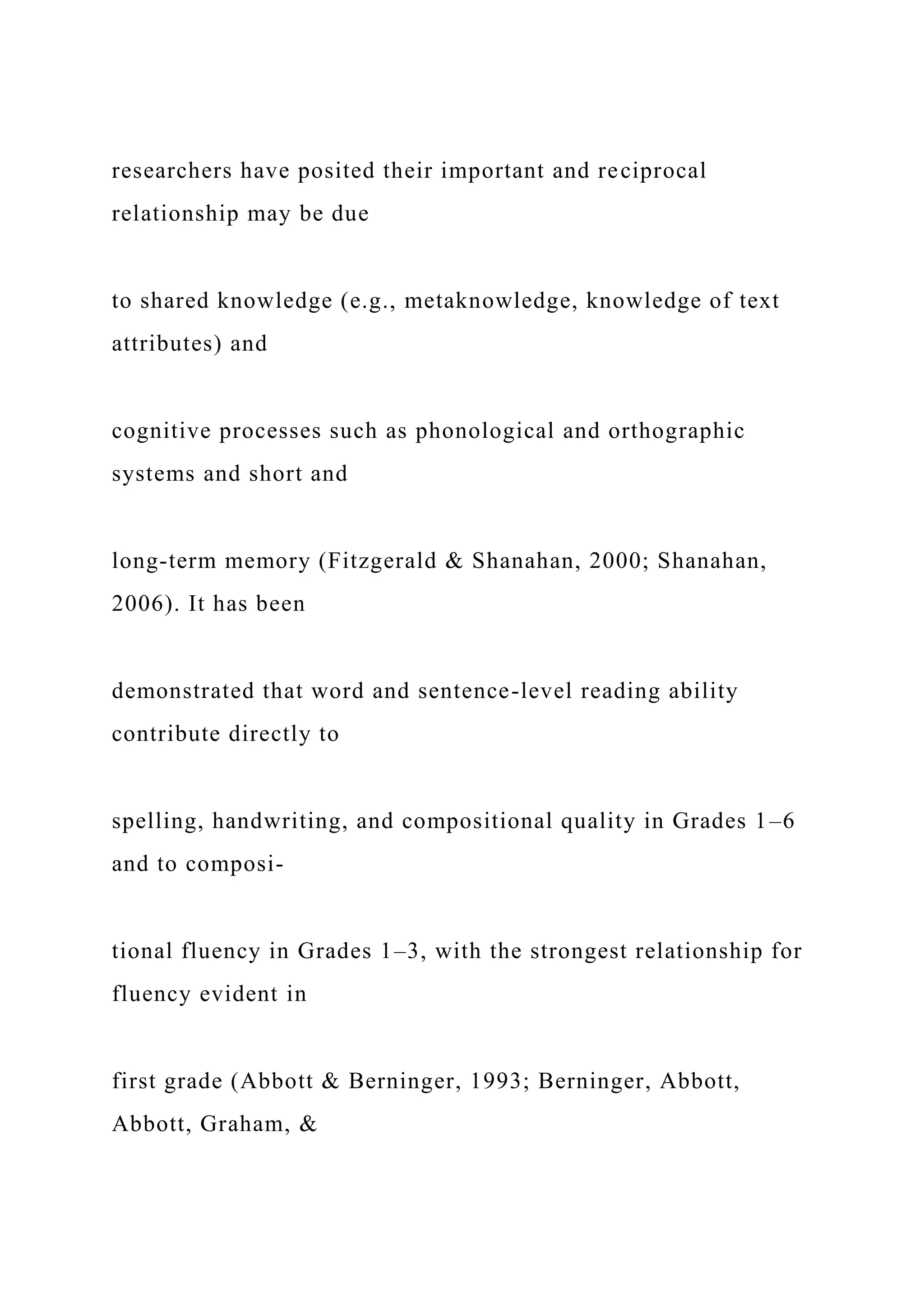 researchers have posited their important and reciprocal
relationship may be due
to shared knowledge (e.g., metaknowledge, knowledge of text
attributes) and
cognitive processes such as phonological and orthographic
systems and short and
long-term memory (Fitzgerald & Shanahan, 2000; Shanahan,
2006). It has been
demonstrated that word and sentence-level reading ability
contribute directly to
spelling, handwriting, and compositional quality in Grades 1–6
and to composi-
tional fluency in Grades 1–3, with the strongest relationship for
fluency evident in
first grade (Abbott & Berninger, 1993; Berninger, Abbott,
Abbott, Graham, &
 