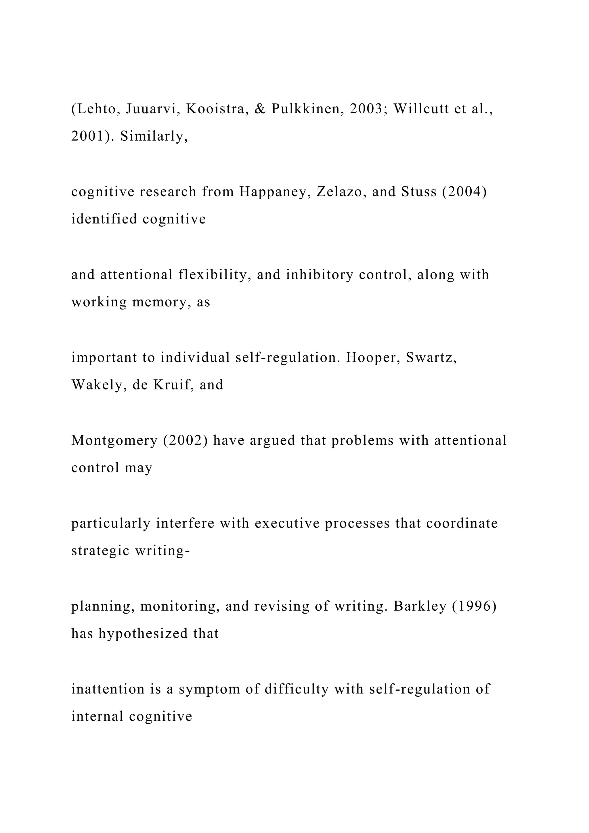 (Lehto, Juuarvi, Kooistra, & Pulkkinen, 2003; Willcutt et al.,
2001). Similarly,
cognitive research from Happaney, Zelazo, and Stuss (2004)
identified cognitive
and attentional flexibility, and inhibitory control, along with
working memory, as
important to individual self-regulation. Hooper, Swartz,
Wakely, de Kruif, and
Montgomery (2002) have argued that problems with attentional
control may
particularly interfere with executive processes that coordinate
strategic writing-
planning, monitoring, and revising of writing. Barkley (1996)
has hypothesized that
inattention is a symptom of difficulty with self-regulation of
internal cognitive
 