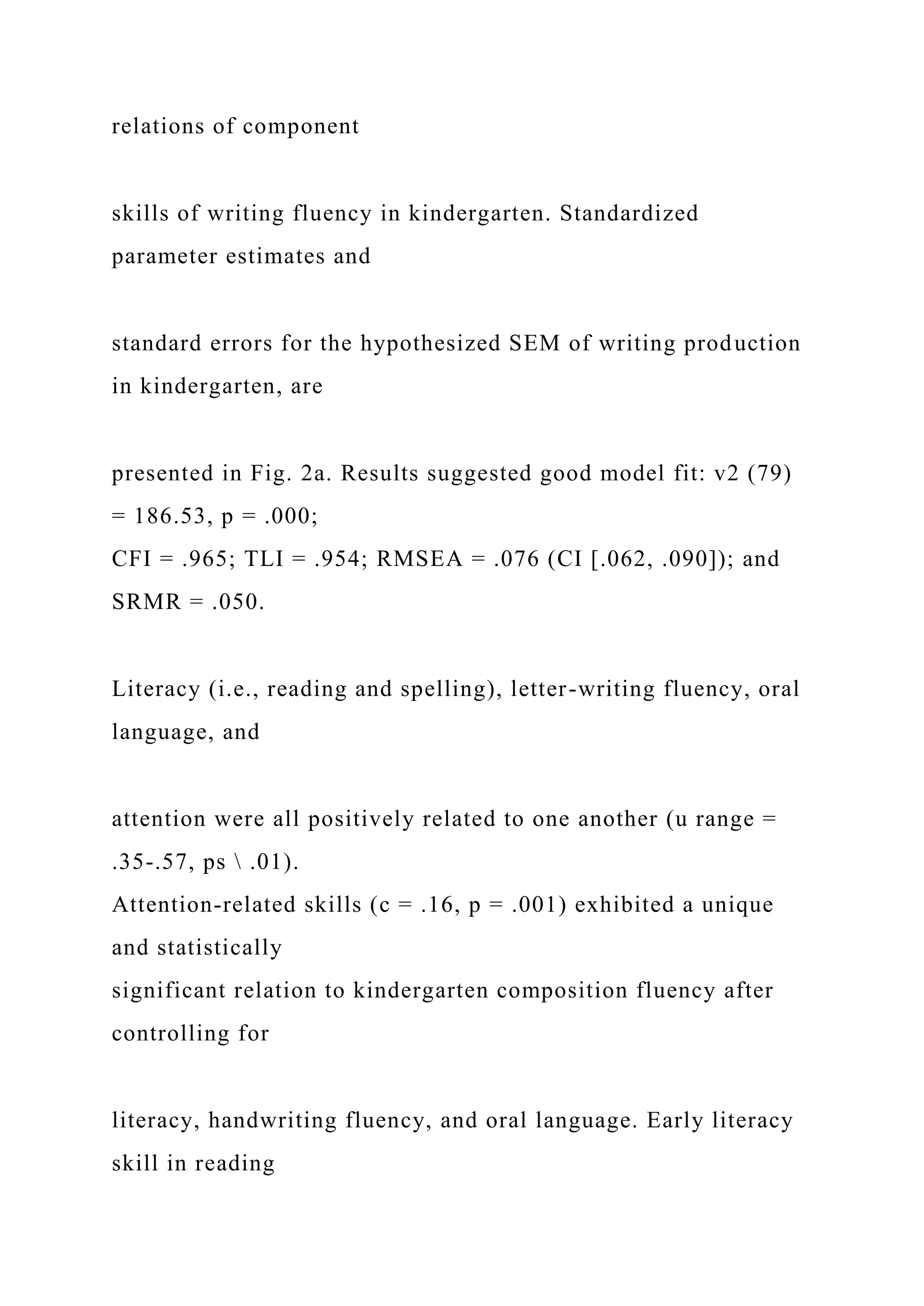 relations of component
skills of writing fluency in kindergarten. Standardized
parameter estimates and
standard errors for the hypothesized SEM of writing production
in kindergarten, are
presented in Fig. 2a. Results suggested good model fit: v2 (79)
= 186.53, p = .000;
CFI = .965; TLI = .954; RMSEA = .076 (CI [.062, .090]); and
SRMR = .050.
Literacy (i.e., reading and spelling), letter-writing fluency, oral
language, and
attention were all positively related to one another (u range =
.35-.57, ps  .01).
Attention-related skills (c = .16, p = .001) exhibited a unique
and statistically
significant relation to kindergarten composition fluency after
controlling for
literacy, handwriting fluency, and oral language. Early literacy
skill in reading
 