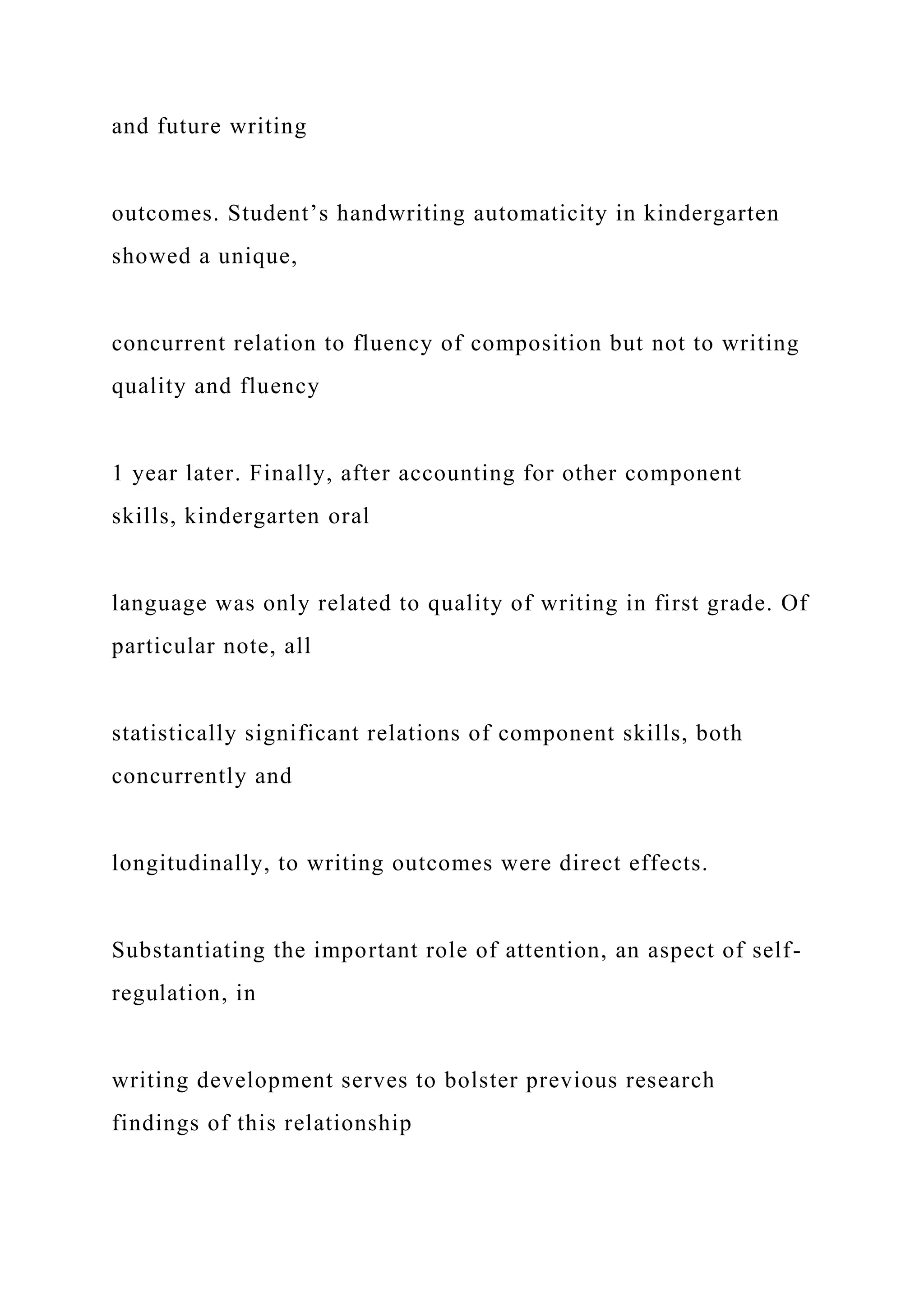 and future writing
outcomes. Student’s handwriting automaticity in kindergarten
showed a unique,
concurrent relation to fluency of composition but not to writing
quality and fluency
1 year later. Finally, after accounting for other component
skills, kindergarten oral
language was only related to quality of writing in first grade. Of
particular note, all
statistically significant relations of component skills, both
concurrently and
longitudinally, to writing outcomes were direct effects.
Substantiating the important role of attention, an aspect of self-
regulation, in
writing development serves to bolster previous research
findings of this relationship
 