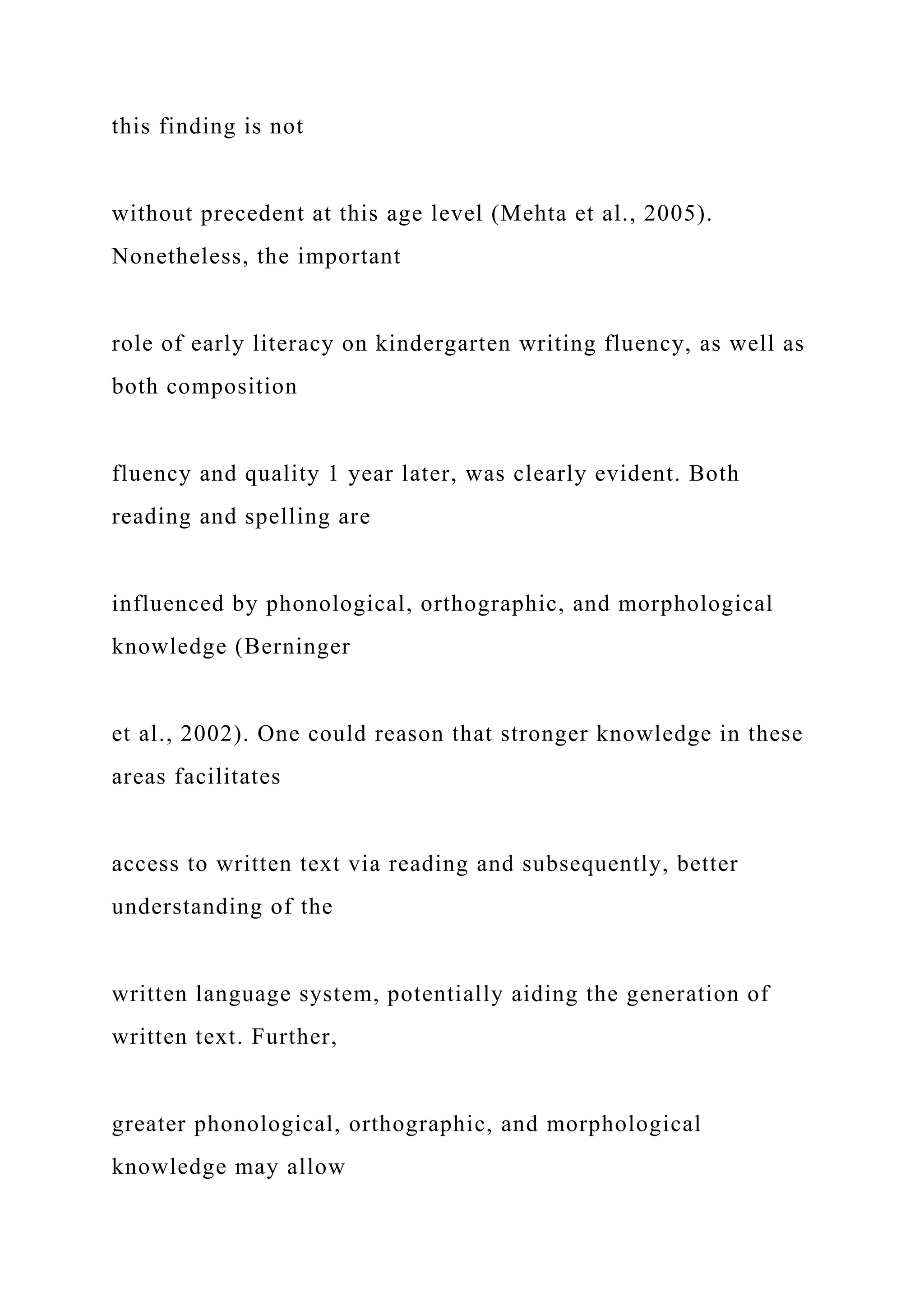 this finding is not
without precedent at this age level (Mehta et al., 2005).
Nonetheless, the important
role of early literacy on kindergarten writing fluency, as well as
both composition
fluency and quality 1 year later, was clearly evident. Both
reading and spelling are
influenced by phonological, orthographic, and morphological
knowledge (Berninger
et al., 2002). One could reason that stronger knowledge in these
areas facilitates
access to written text via reading and subsequently, better
understanding of the
written language system, potentially aiding the generation of
written text. Further,
greater phonological, orthographic, and morphological
knowledge may allow
 