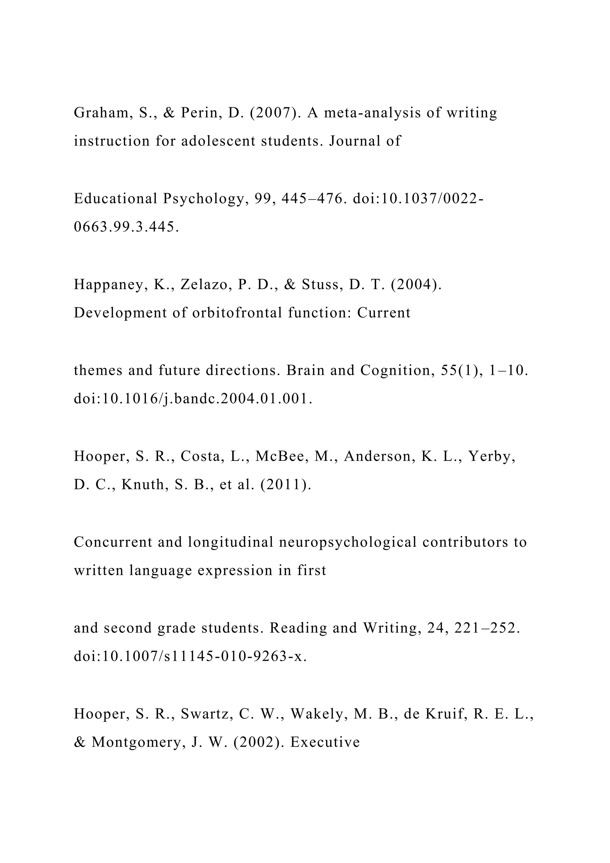Graham, S., & Perin, D. (2007). A meta-analysis of writing
instruction for adolescent students. Journal of
Educational Psychology, 99, 445–476. doi:10.1037/0022-
0663.99.3.445.
Happaney, K., Zelazo, P. D., & Stuss, D. T. (2004).
Development of orbitofrontal function: Current
themes and future directions. Brain and Cognition, 55(1), 1–10.
doi:10.1016/j.bandc.2004.01.001.
Hooper, S. R., Costa, L., McBee, M., Anderson, K. L., Yerby,
D. C., Knuth, S. B., et al. (2011).
Concurrent and longitudinal neuropsychological contributors to
written language expression in first
and second grade students. Reading and Writing, 24, 221–252.
doi:10.1007/s11145-010-9263-x.
Hooper, S. R., Swartz, C. W., Wakely, M. B., de Kruif, R. E. L.,
& Montgomery, J. W. (2002). Executive
 