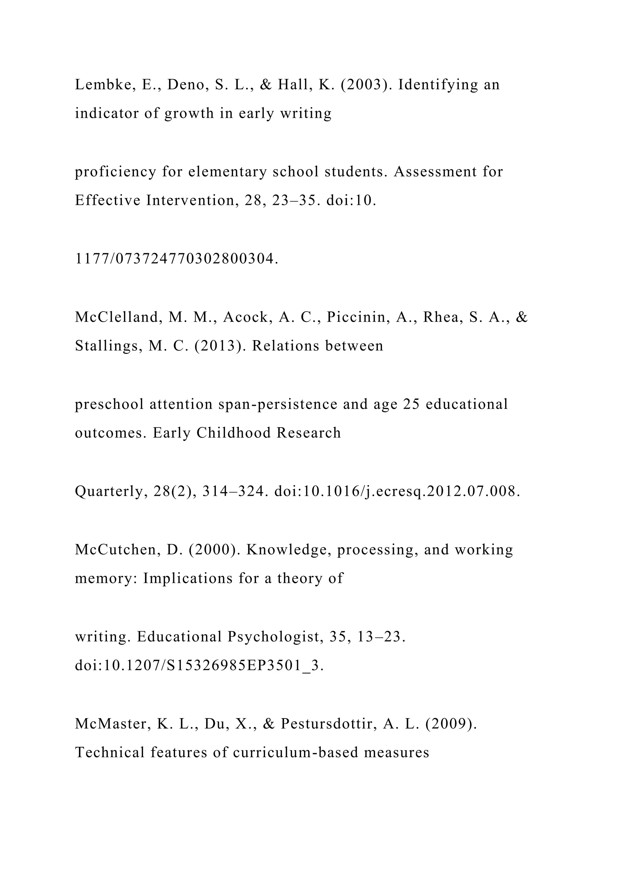 Lembke, E., Deno, S. L., & Hall, K. (2003). Identifying an
indicator of growth in early writing
proficiency for elementary school students. Assessment for
Effective Intervention, 28, 23–35. doi:10.
1177/073724770302800304.
McClelland, M. M., Acock, A. C., Piccinin, A., Rhea, S. A., &
Stallings, M. C. (2013). Relations between
preschool attention span-persistence and age 25 educational
outcomes. Early Childhood Research
Quarterly, 28(2), 314–324. doi:10.1016/j.ecresq.2012.07.008.
McCutchen, D. (2000). Knowledge, processing, and working
memory: Implications for a theory of
writing. Educational Psychologist, 35, 13–23.
doi:10.1207/S15326985EP3501_3.
McMaster, K. L., Du, X., & Pestursdottir, A. L. (2009).
Technical features of curriculum-based measures
 