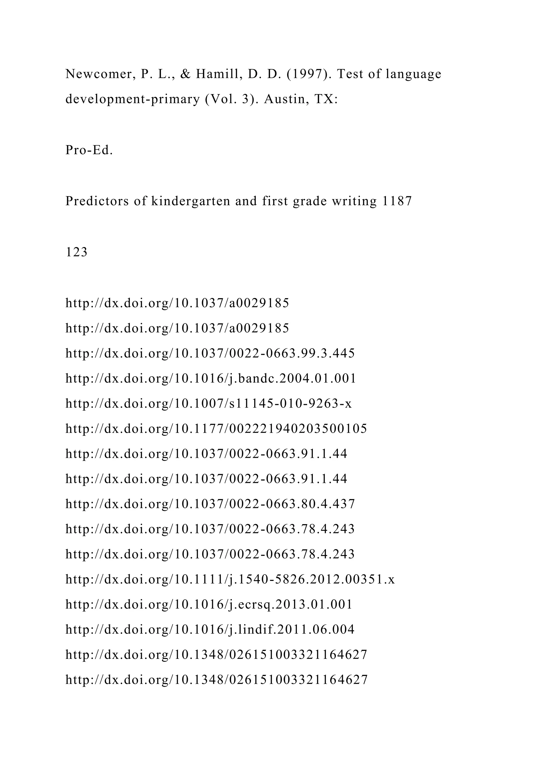 Newcomer, P. L., & Hamill, D. D. (1997). Test of language
development-primary (Vol. 3). Austin, TX:
Pro-Ed.
Predictors of kindergarten and first grade writing 1187
123
http://dx.doi.org/10.1037/a0029185
http://dx.doi.org/10.1037/a0029185
http://dx.doi.org/10.1037/0022-0663.99.3.445
http://dx.doi.org/10.1016/j.bandc.2004.01.001
http://dx.doi.org/10.1007/s11145-010-9263-x
http://dx.doi.org/10.1177/002221940203500105
http://dx.doi.org/10.1037/0022-0663.91.1.44
http://dx.doi.org/10.1037/0022-0663.91.1.44
http://dx.doi.org/10.1037/0022-0663.80.4.437
http://dx.doi.org/10.1037/0022-0663.78.4.243
http://dx.doi.org/10.1037/0022-0663.78.4.243
http://dx.doi.org/10.1111/j.1540-5826.2012.00351.x
http://dx.doi.org/10.1016/j.ecrsq.2013.01.001
http://dx.doi.org/10.1016/j.lindif.2011.06.004
http://dx.doi.org/10.1348/026151003321164627
http://dx.doi.org/10.1348/026151003321164627
 
